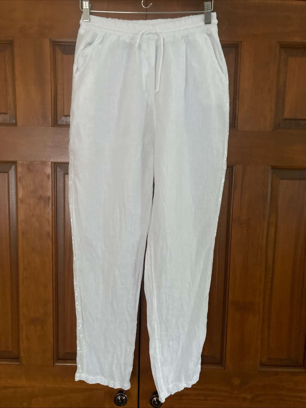 Belle Frsnce White pull on Linen pants with side sequins Womens large Italy